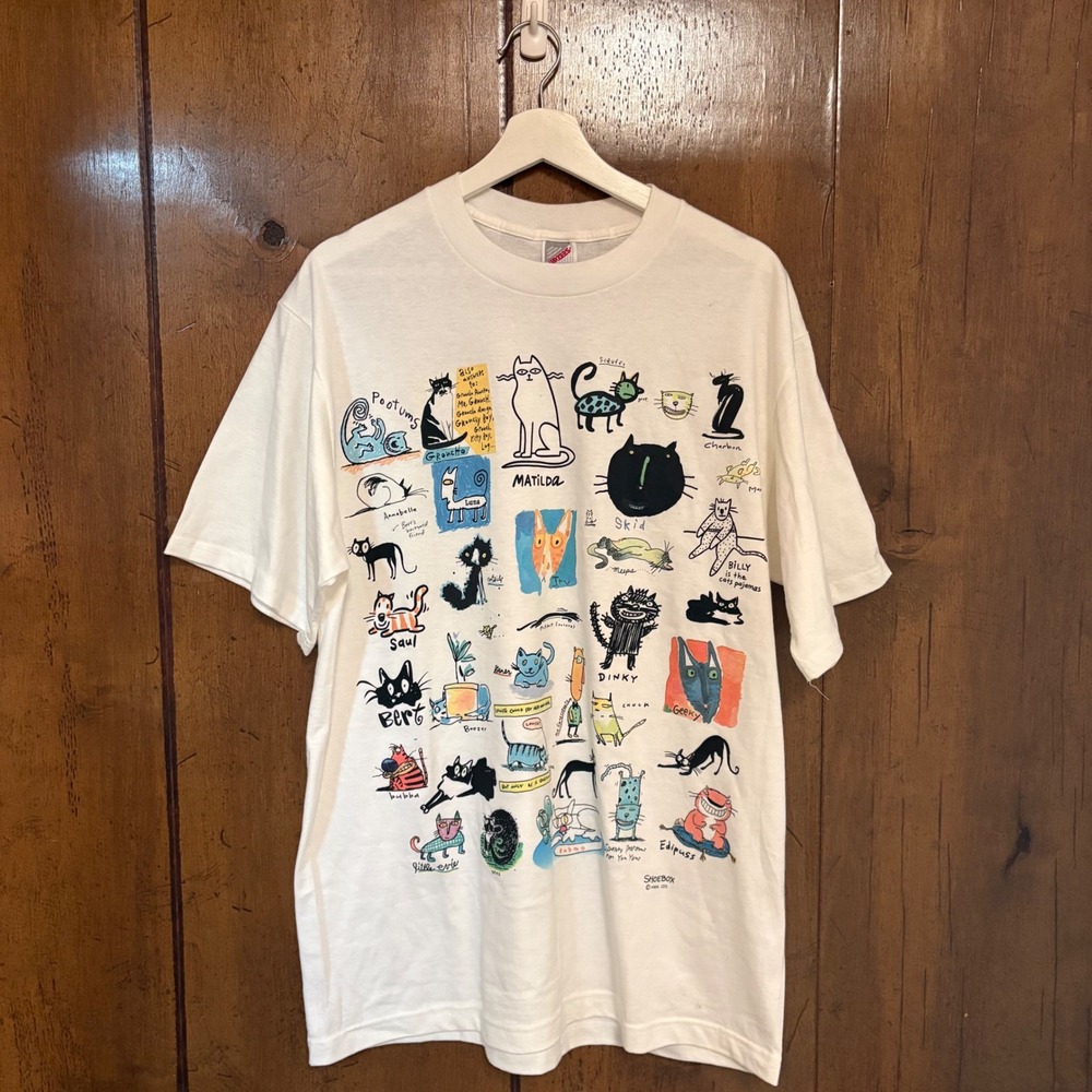 Vintage 90s Cats Art Tee Graphic T-Shirt Mens L White Shoebox Hallmark jerzees